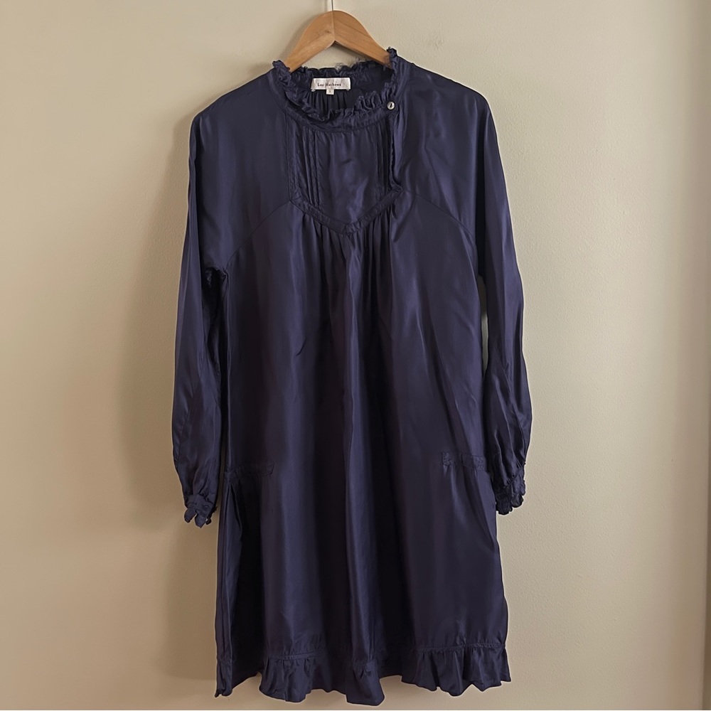 LEE MATHEWS Navy High Neck LS Ruffle Midi Dress Sz 1 / Small